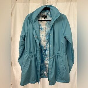 Dennis Basso Lightweight Blue Jacket Cinched Waist Removable Hood Size M